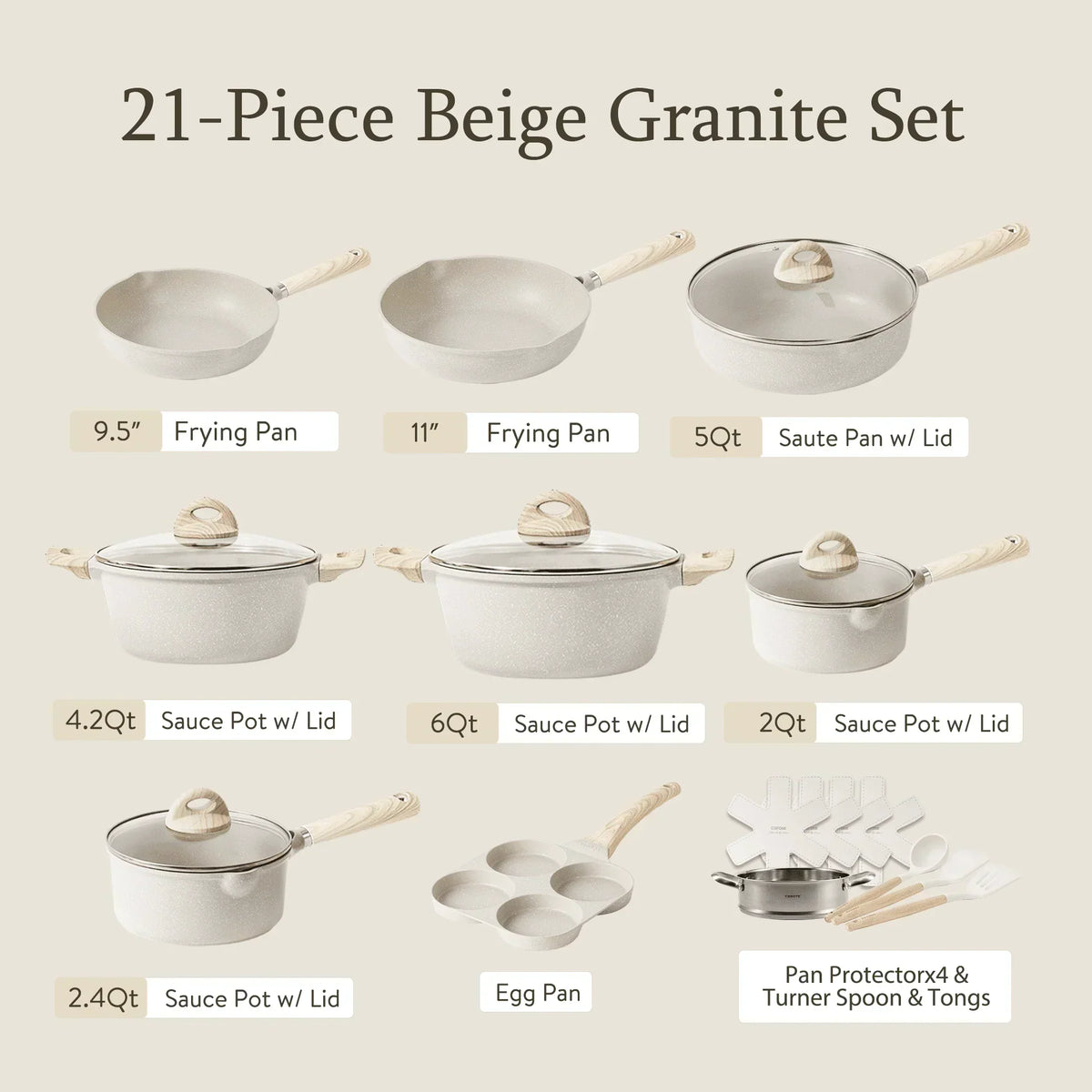 Non Stick Pots and Pans Set. 21 Pcs Induction Kitchen Cookware Sets (Beige Granite)