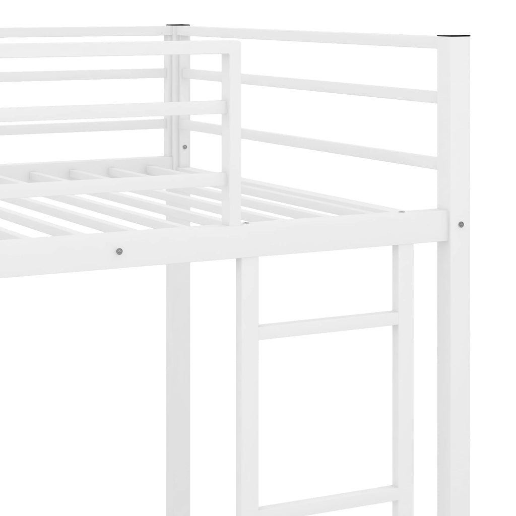 Twin Over Twin Metal Bunk Bed, Low Twin Bunk Bed with Safety Guardrail and Ladder, No Box Spring Needed, Steel Bunk Bed Platform Suitable for Girls Boys Teens, White