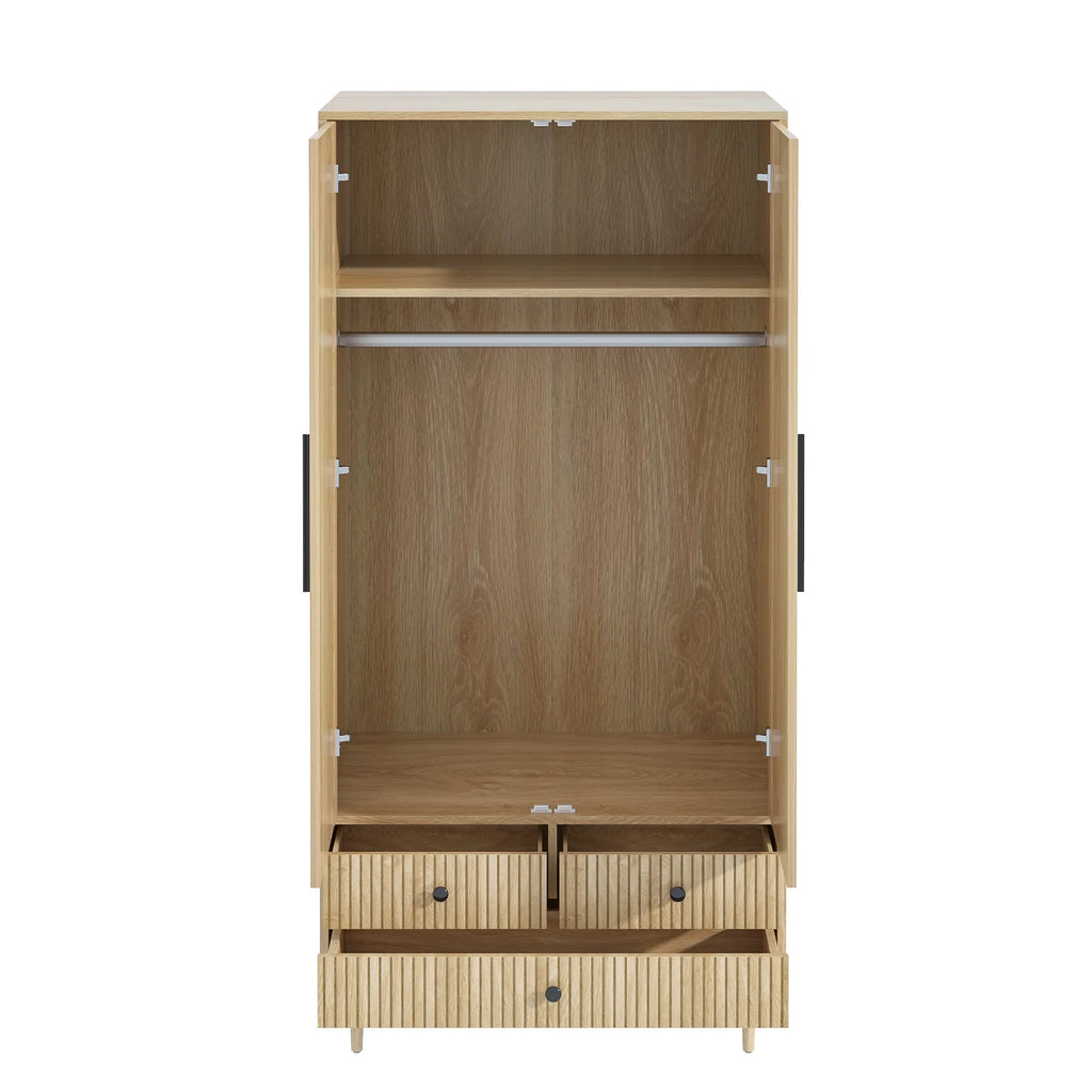 Oubayajia Wardrobe Armoire Closet, 2 Fluted Doors Wardrobe Cabinet with 3 - Drawer and Hanging Rod, Wood Wardrobe Storage for Bedroom