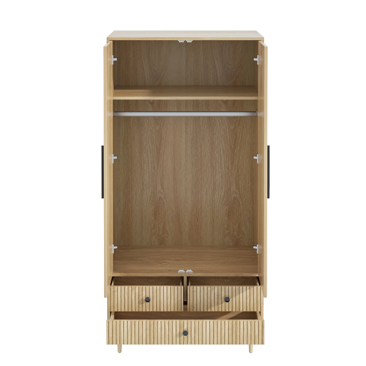 Oubayajia Wardrobe Armoire Closet, 2 Fluted Doors Wardrobe Cabinet with 3 - Drawer and Hanging Rod, Wood Wardrobe Storage for Bedroom