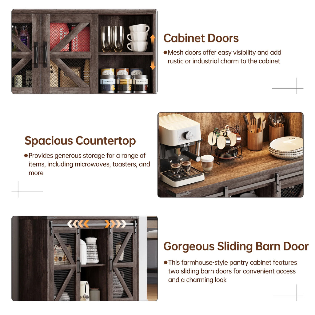 Planntonneo 71'' Tall Kitchen Pantry Storage Hutch Cabinet with Doors and Shelves, Grey Oak
