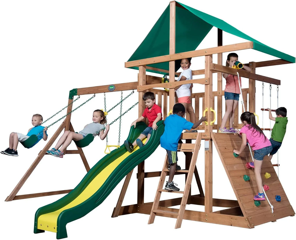 Mount Mckinley Cedar Wood Swing Set with Wave Slide, Play Deck, Double Rock Wall, Rope Ladder, Web Swing, Belt Swings, Toy Telescope,…