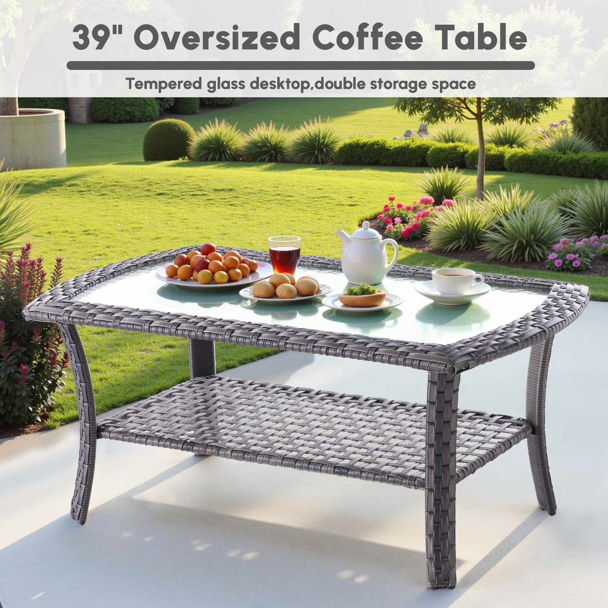 Ovios 4 Pieces Wicker Outdoor Patio Furniture with Coffee Table High Back All-Weather Rattan Outdoor Sectional Conversation Set for Backyard Porch Garden, Denim Blue