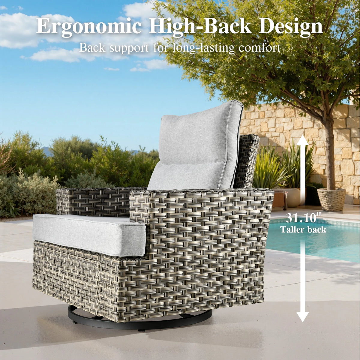 Ovios 10 Pieces Outdoor Patio Furniture Modern High - Back All - Weather Wicker Sectional Conversation Set with Propane Fire Pit Table & Swivel Chair, Dark Gray