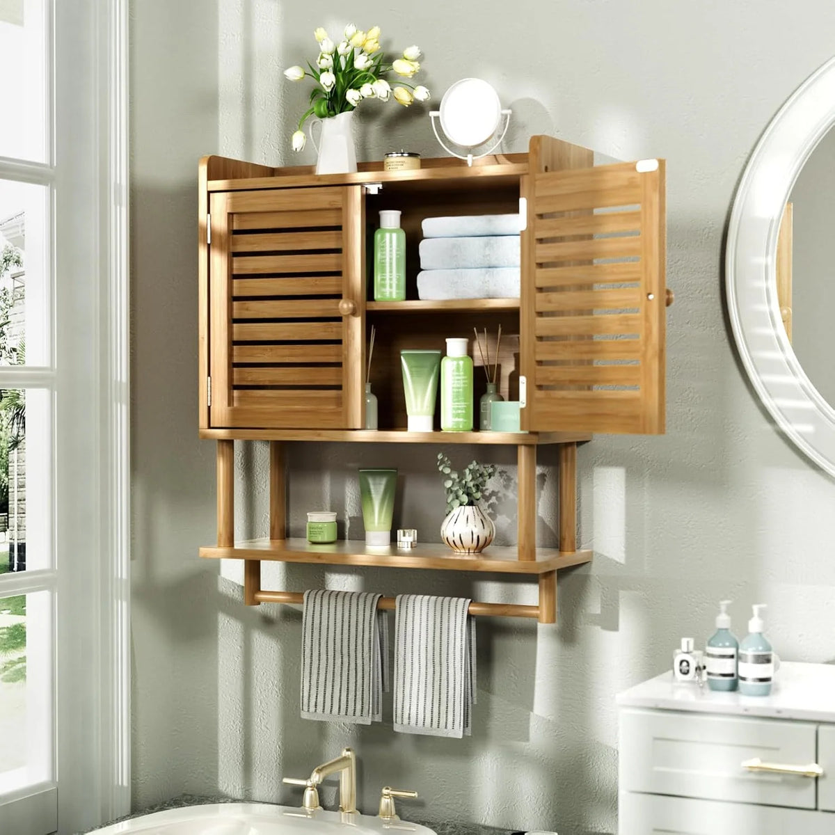 Wall-Mounted Bamboo Bathroom Cabinet with Towel Bar