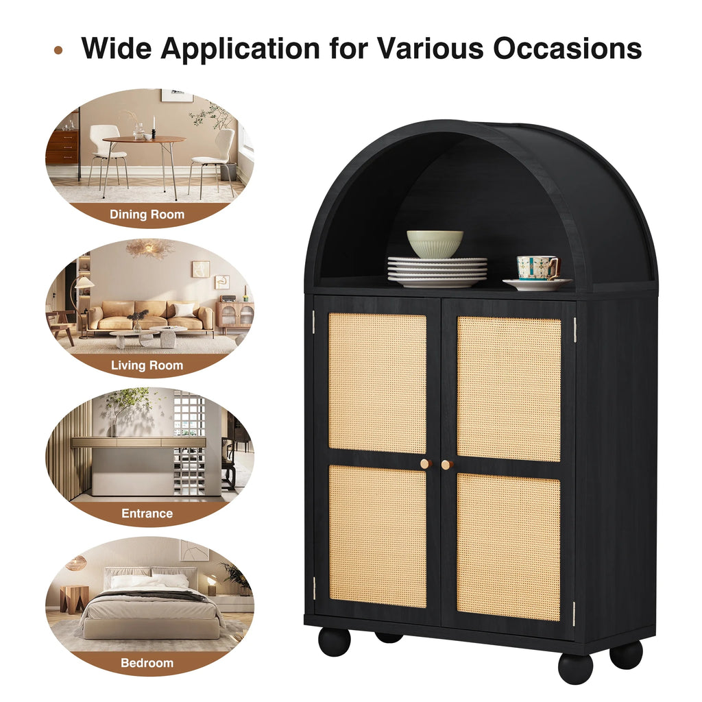 Wirrytor Arched Kitchen Storage Cabinet, Sideboard Buffet Cabinet with 2 - Tier and 2 Doors, Black Sideboard, Kitchen Pantry Cabinet, Wooden Storage Cabinet for Living Room