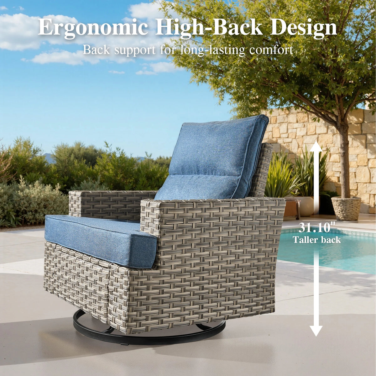 Ovios 10 Pieces Outdoor Patio Furniture Modern High - Back All - Weather Wicker Sectional Conversation Set with Propane Fire Pit Table & Swivel Chair, Dark Gray