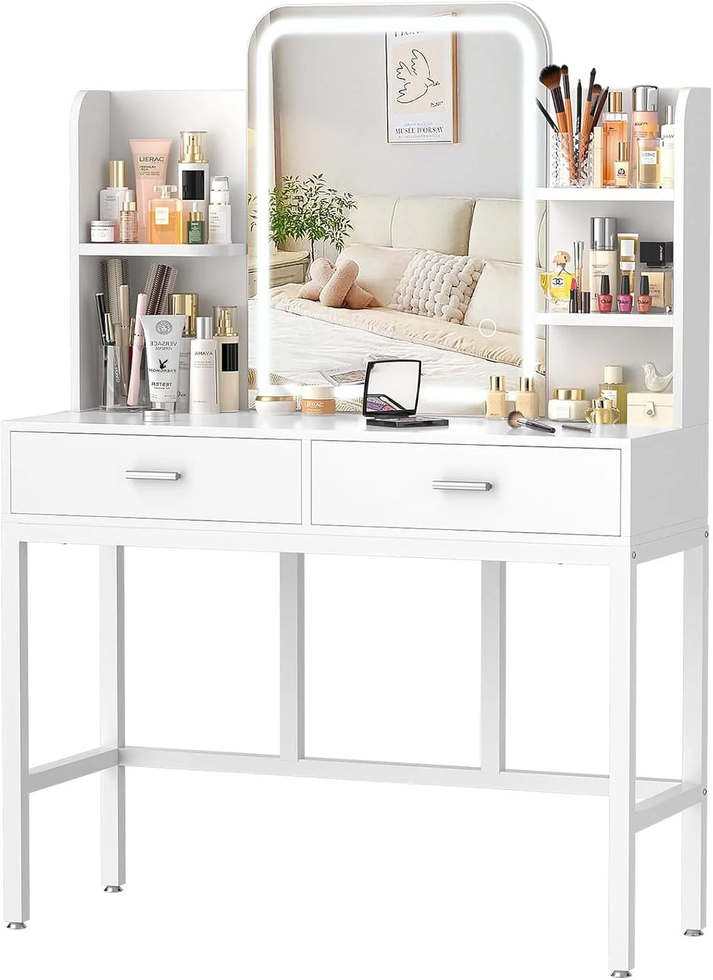 Makeup Vanity Desk with Lighted Mirror and 2 Drawers