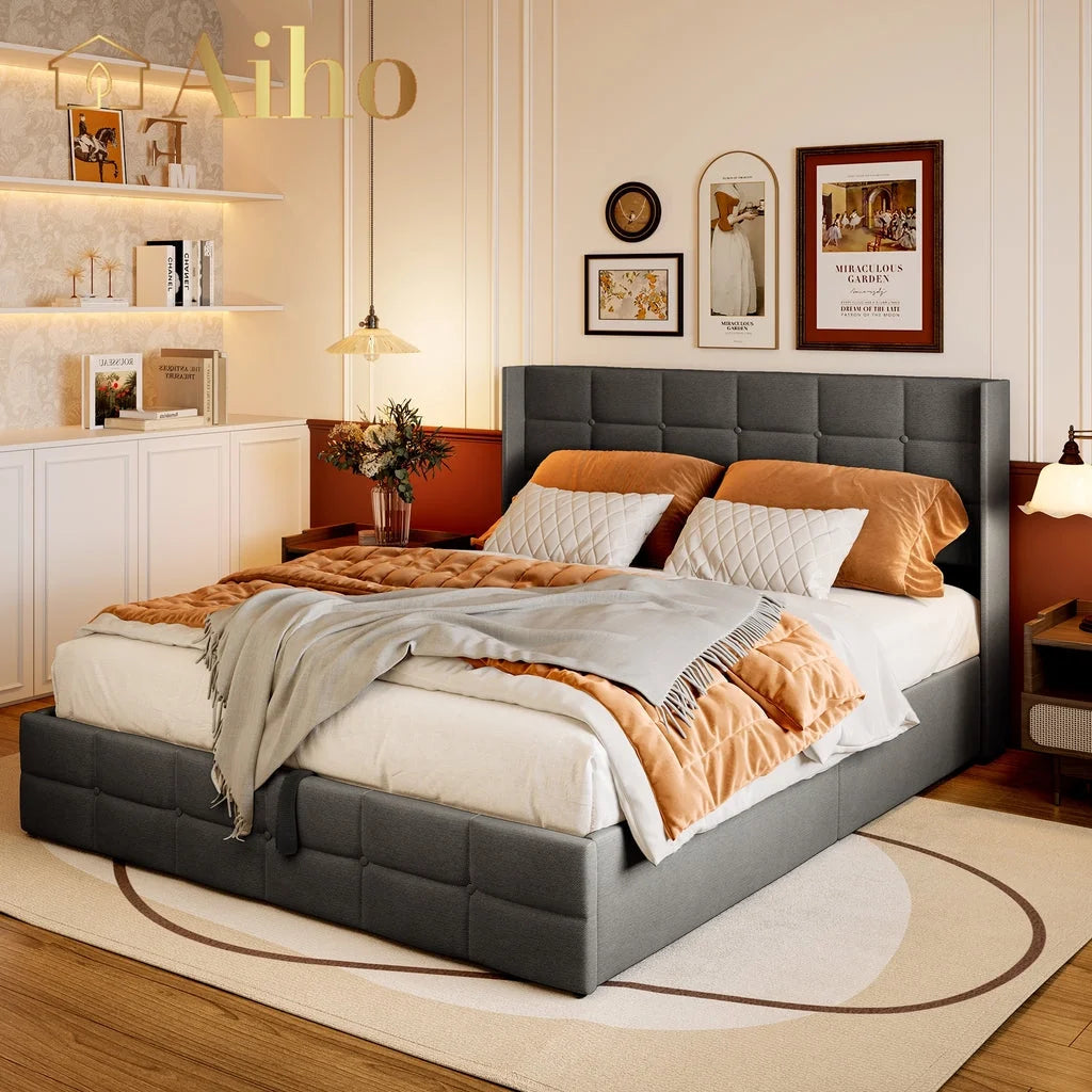 Aiho Full Lift up Storage Bed, Full Size Bed Frame with Big Underneath Storage & Modern Wingback Headboard & No Box Spring Needed - Gray