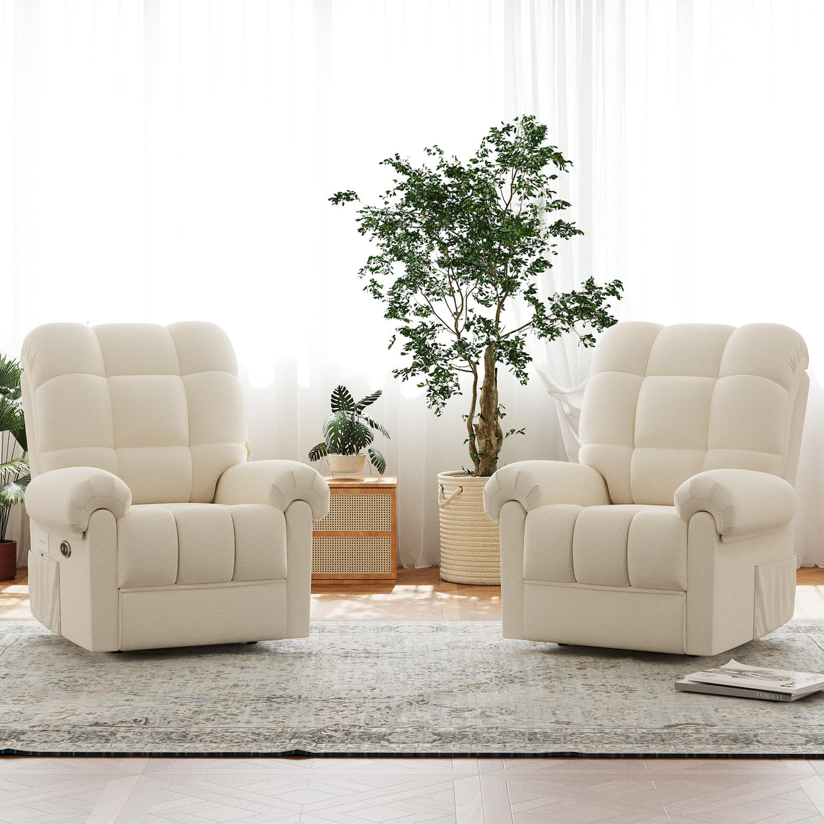 Power Recliner Chair, Electric Recline Sofa Chair for Adults with USB Port, Comfy Teddy Fleece Adjustable Cloud Sofa, Tool - Free Setup, Beige White