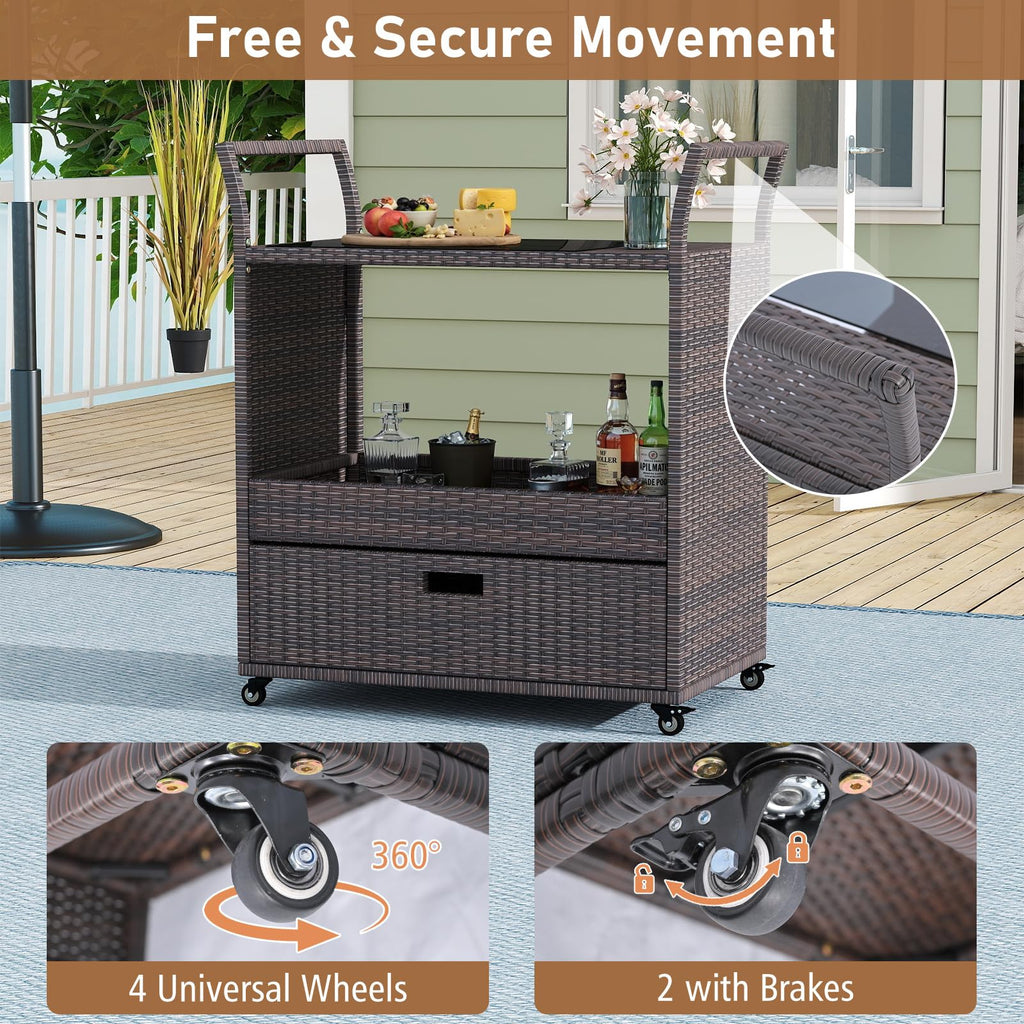 Tangkula Outdoor Rolling Wicker Bar Cart with Tempered Glass Top