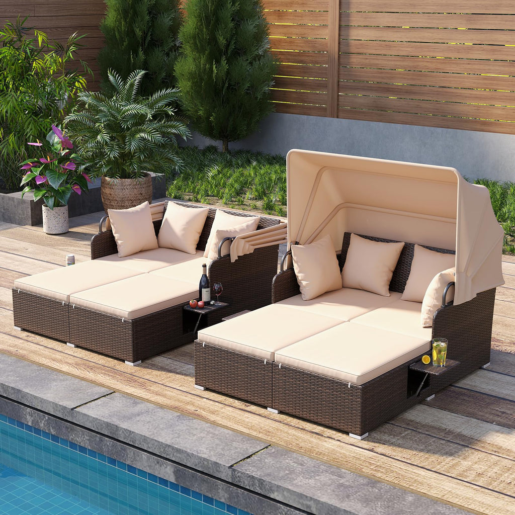 Tangkula Patio Rattan Daybed with Retractable Canopy