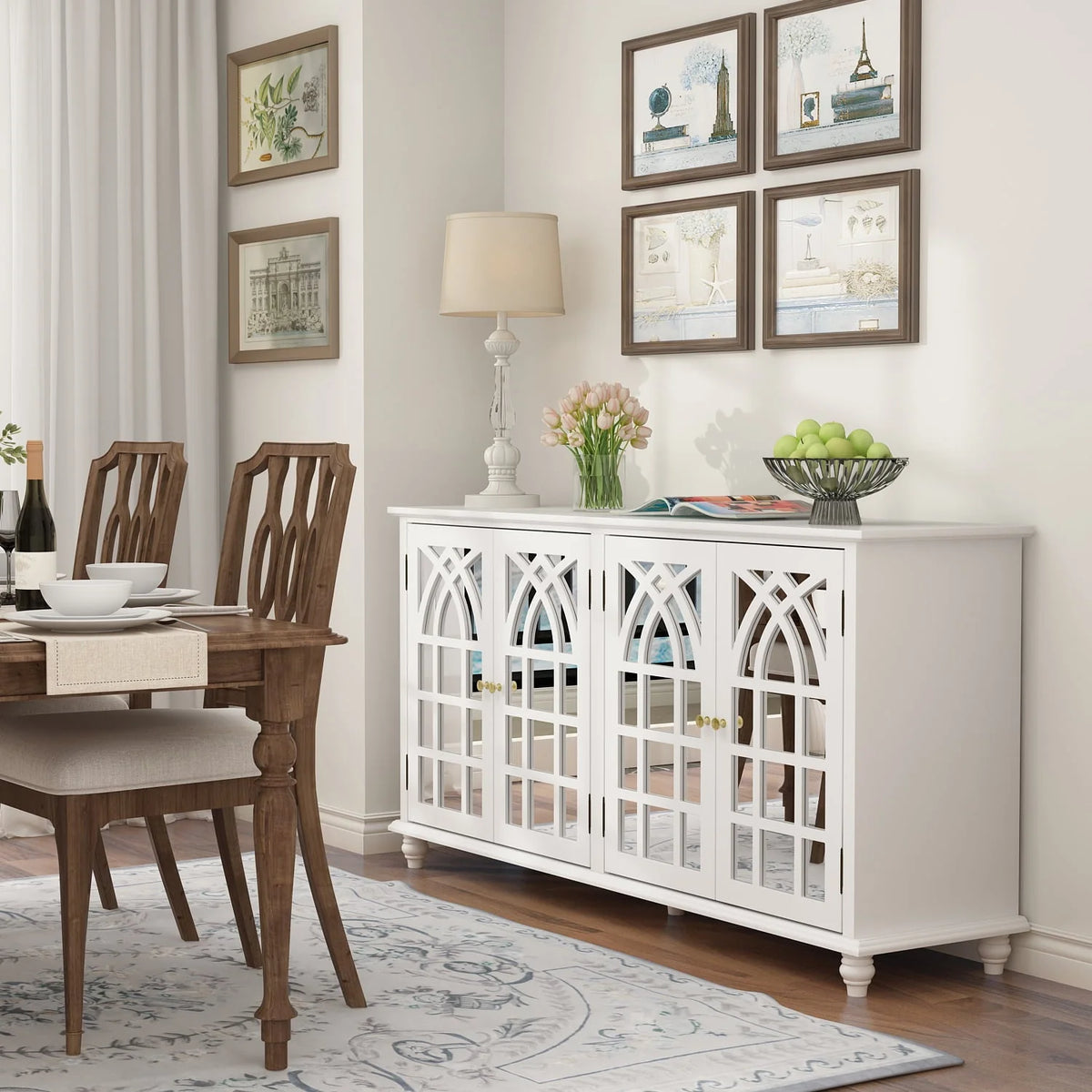 Timechee Buffet Sideboard Accent Table, Console Table Storage Cabinet with Mirror Doors, White