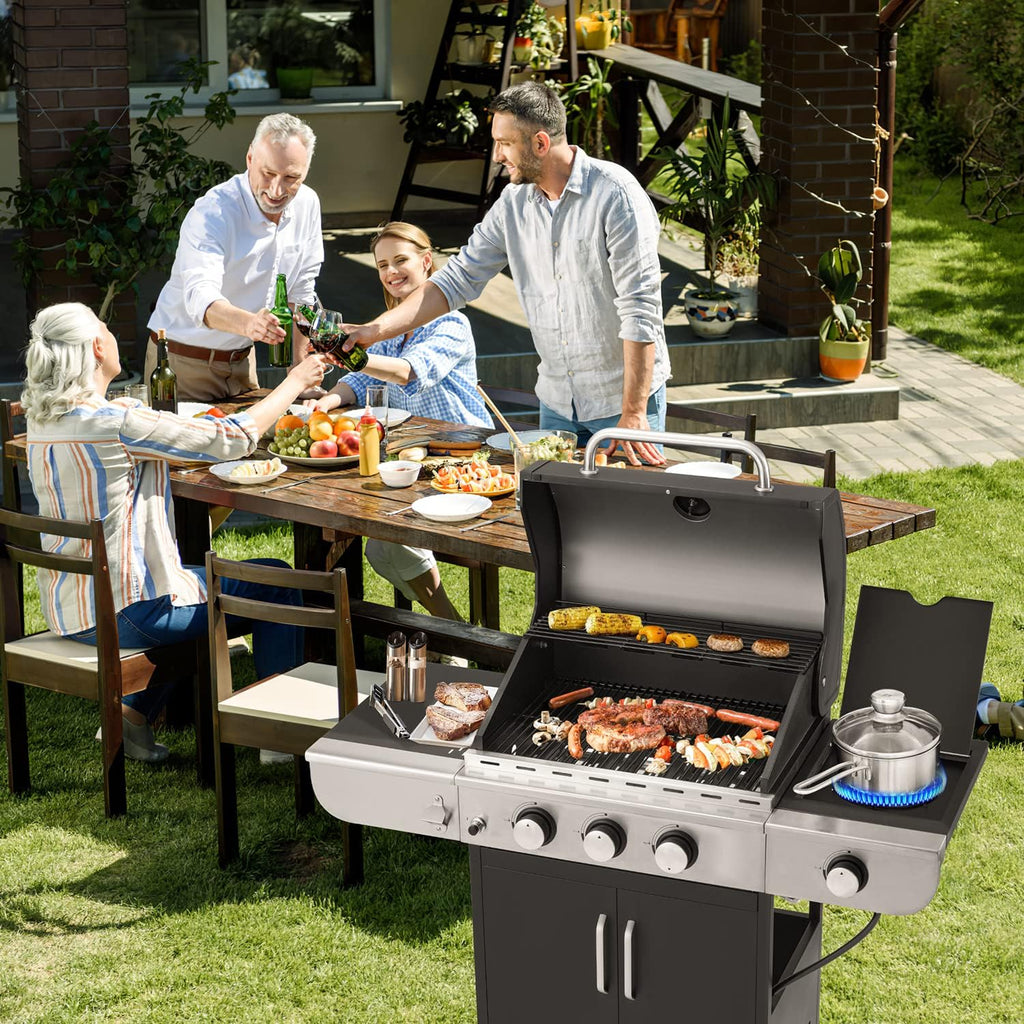 Upgraded 4 Burner Bbq Propane Gas Grill with Cast Iron Grates & Side Stove, 44,000 btu Stainless Steel Burner Barbecue Grill for Patio,…