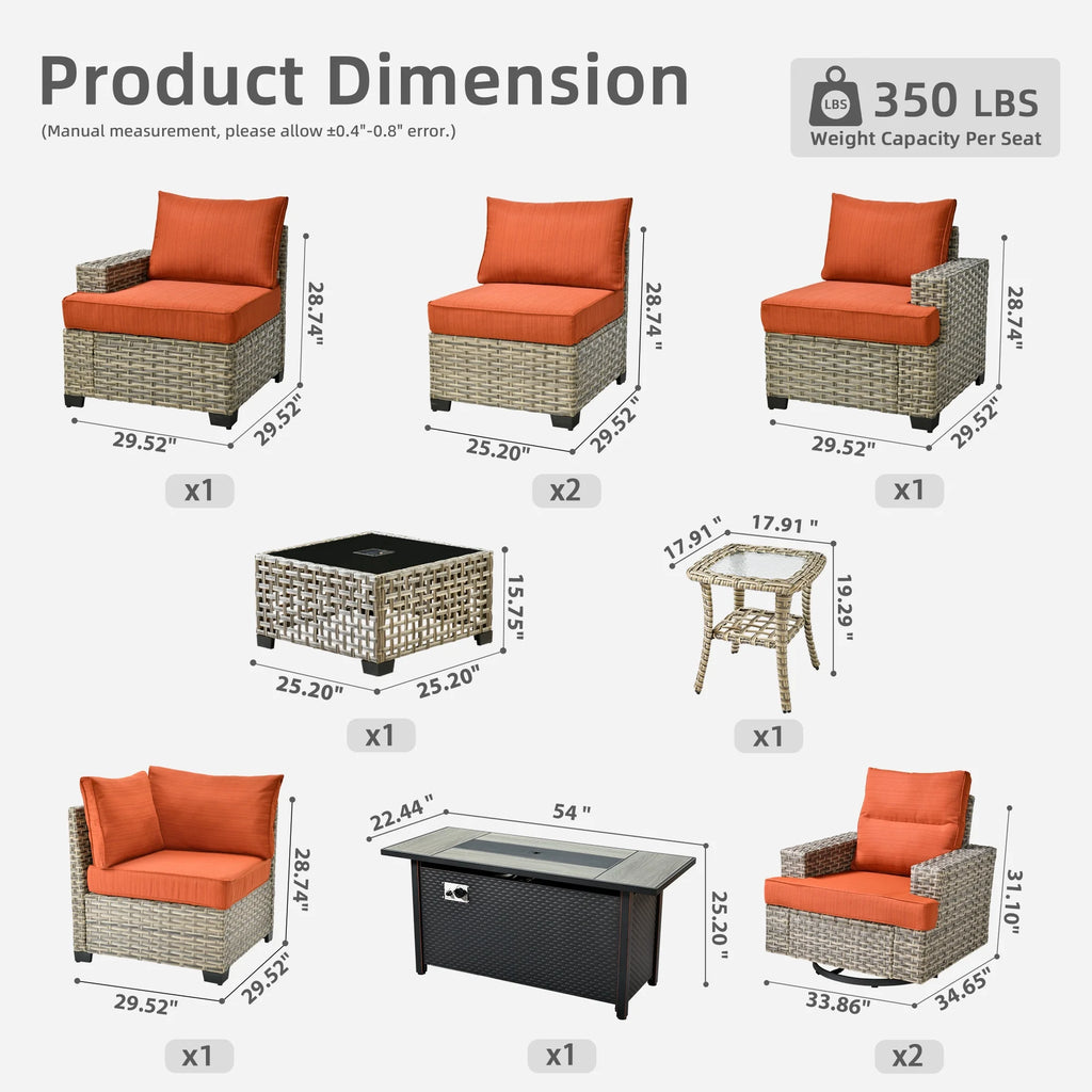 Ovios 10 Pieces Outdoor Patio Furniture Modern High - Back All - Weather Wicker Sectional Conversation Set with Propane Fire Pit Table & Swivel Chair, Dark Gray