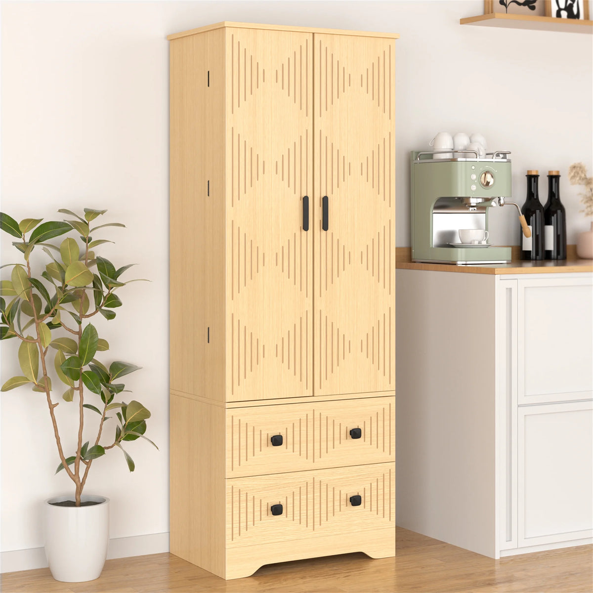 Planntonneo 71'' Tall Kitchen Pantry Storage Hutch Cabinet with Doors and Shelves, Grey Oak