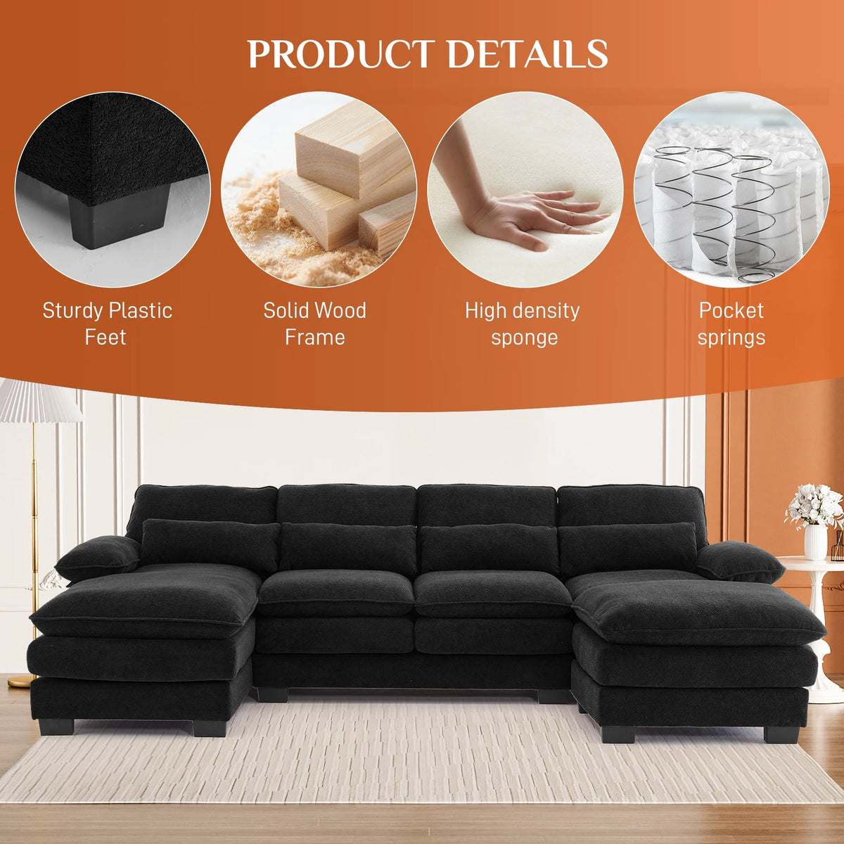 Rophefx 114.3" U Shaped Sectional Couches for Living Room, Cloud Couch, 4 Seats Chenille Couch with Double Layer Cushion, Orange