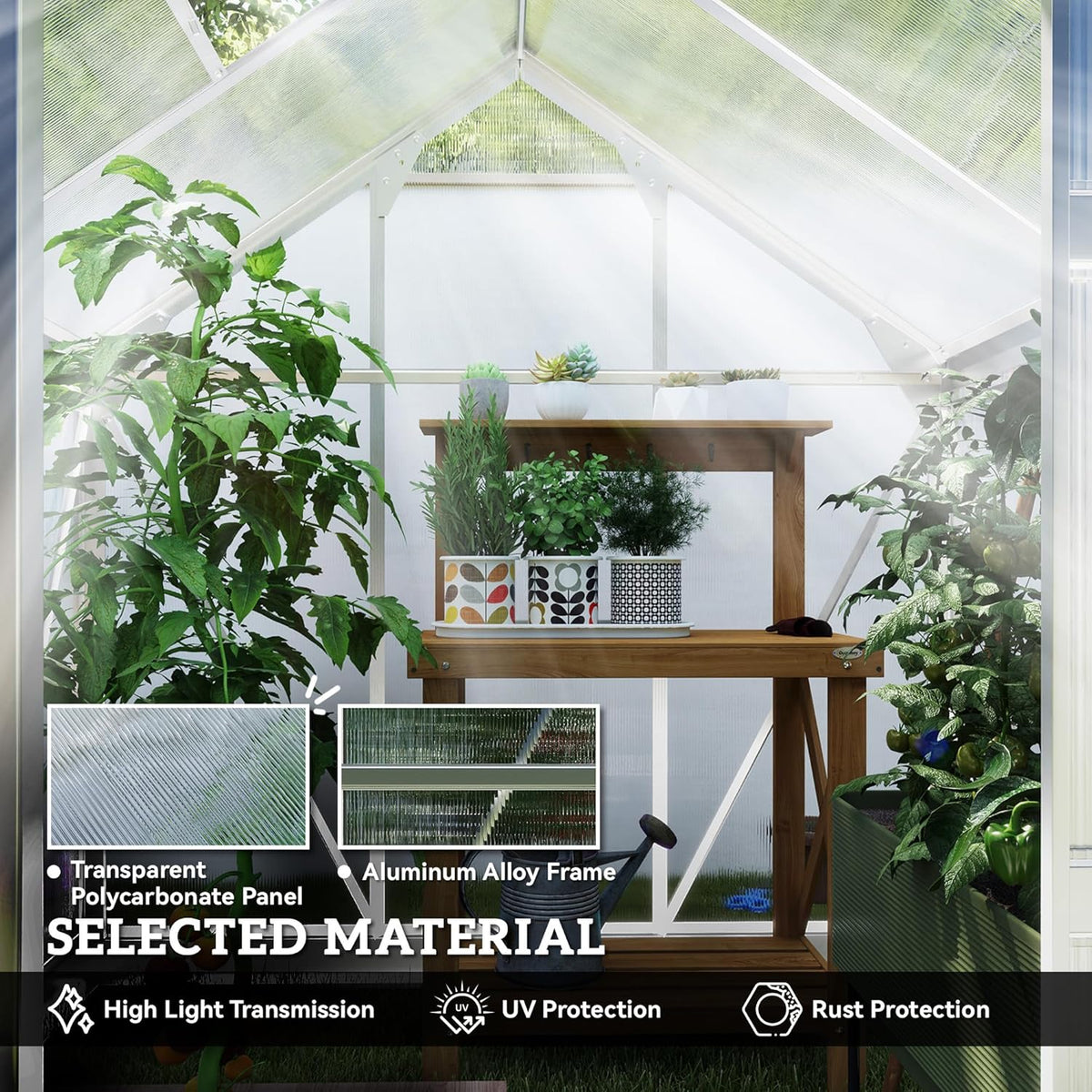 Walk-In Polycarbonate Greenhouse with Sliding Door and Roof Vent