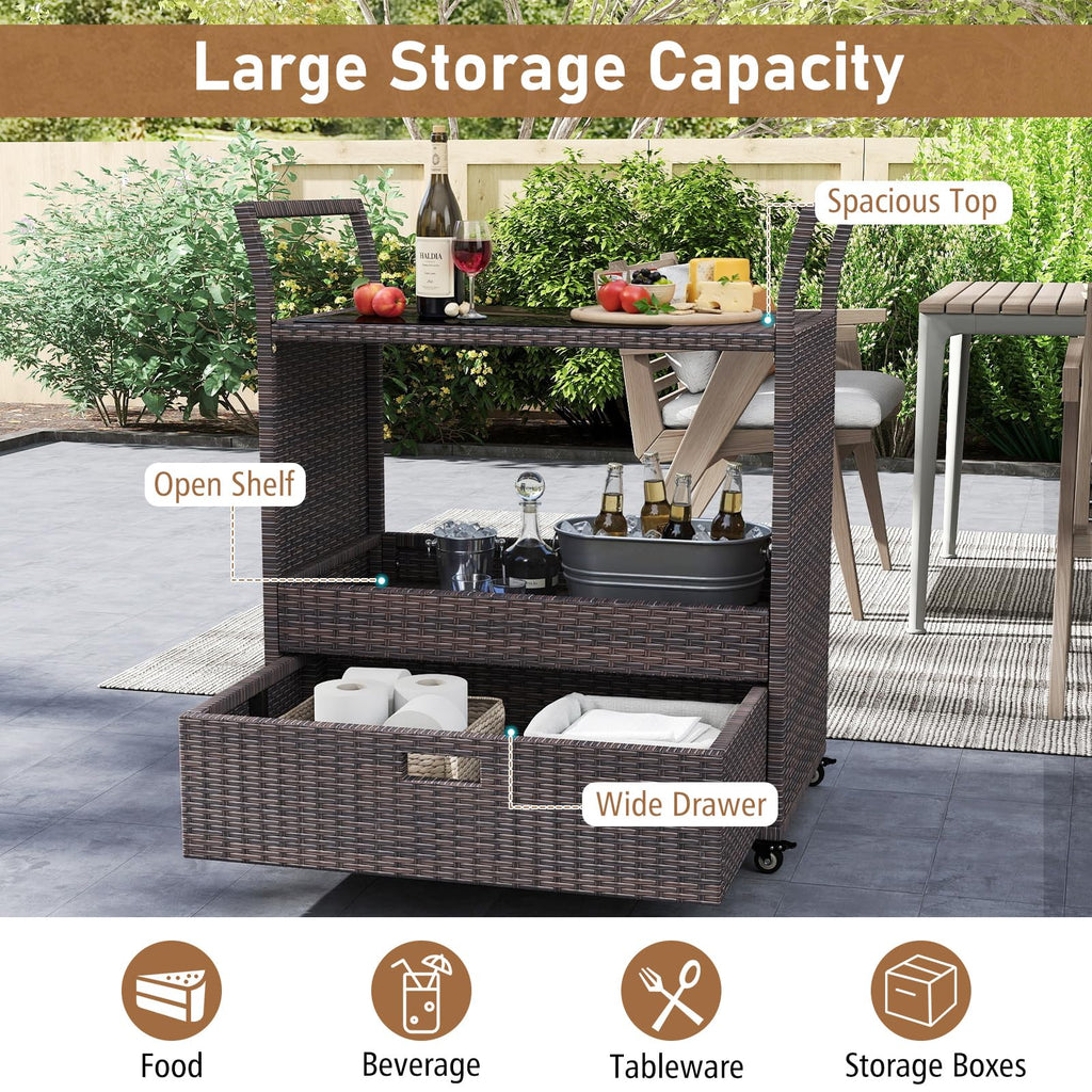Tangkula Outdoor Rolling Wicker Bar Cart with Tempered Glass Top