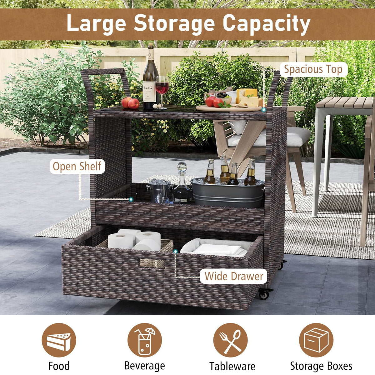 Tangkula Outdoor Rolling Wicker Bar Cart with Tempered Glass Top