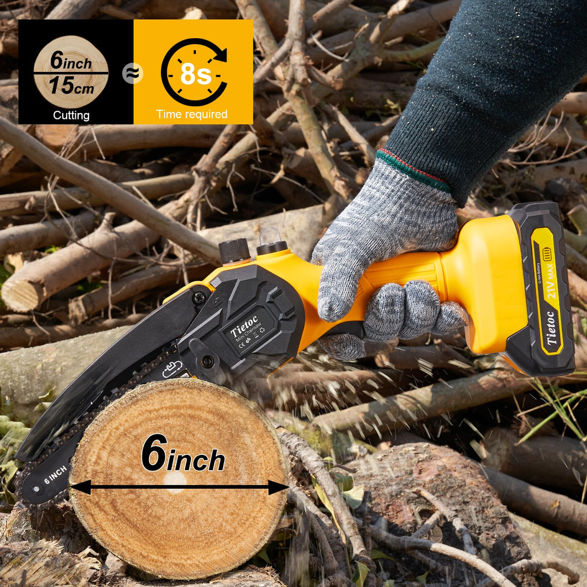 Tietoc Mini Cordless Chainsaw. 6 Inch Handheld Chain Saw
