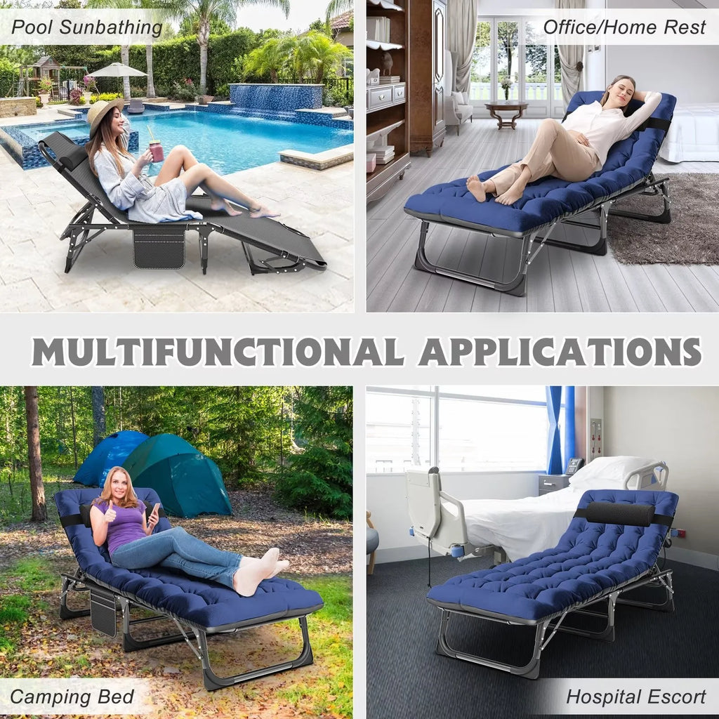 MOPHOTO Lounge Chair with Mattress, Outdoor Chaise Lounge Support 440 lb, Adjustable Portable Heavy Duty Sleeping Cots Bed for Camping, Pool, Beach, Patio