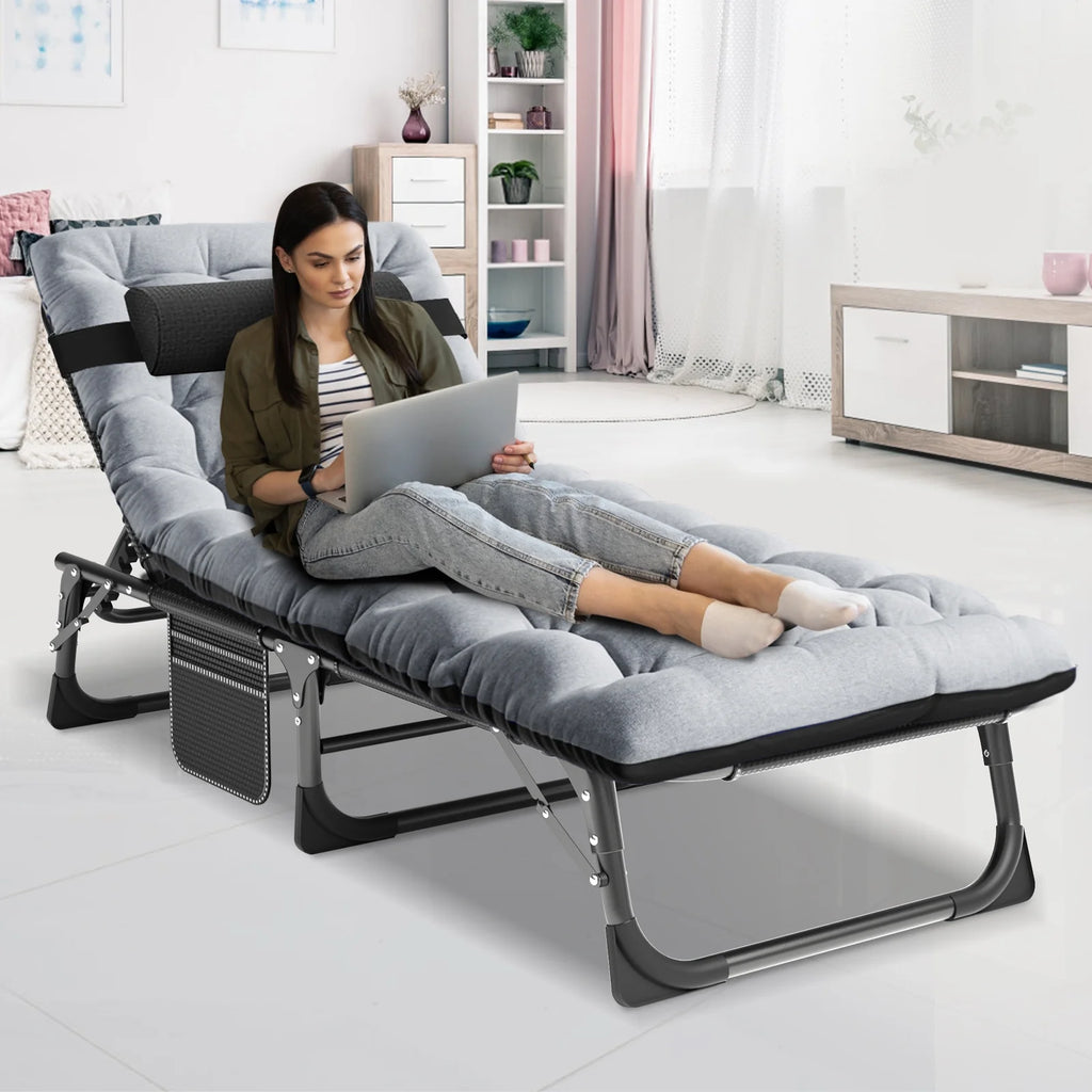 MOPHOTO Lounge Chair with Mattress, Outdoor Chaise Lounge Support 440 lb, Adjustable Portable Heavy Duty Sleeping Cots Bed for Camping, Pool, Beach, Patio