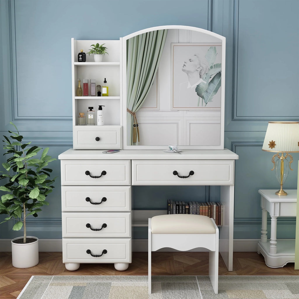 Montary Modern Mini Vanity W/Adjustable LED Mirror + Hidden Storage, Padded Stool & Dustproof Shelves (White)
