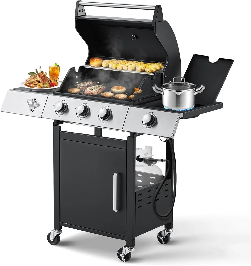 Upgraded 4 Burner Bbq Propane Gas Grill with Cast Iron Grates & Side Stove, 44,000 btu Stainless Steel Burner Barbecue Grill for Patio,…