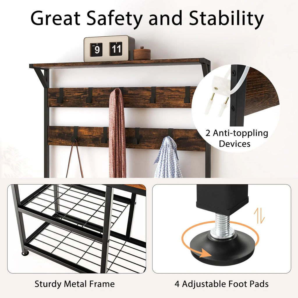 Tangkula Coat Rack Shoe Bench, 3-in-1 Industrial Hall Tree w/Storage Bench & 9 Hanging Hooks, 3-Tier Wood Look Entryway Bench w/Metal Frame