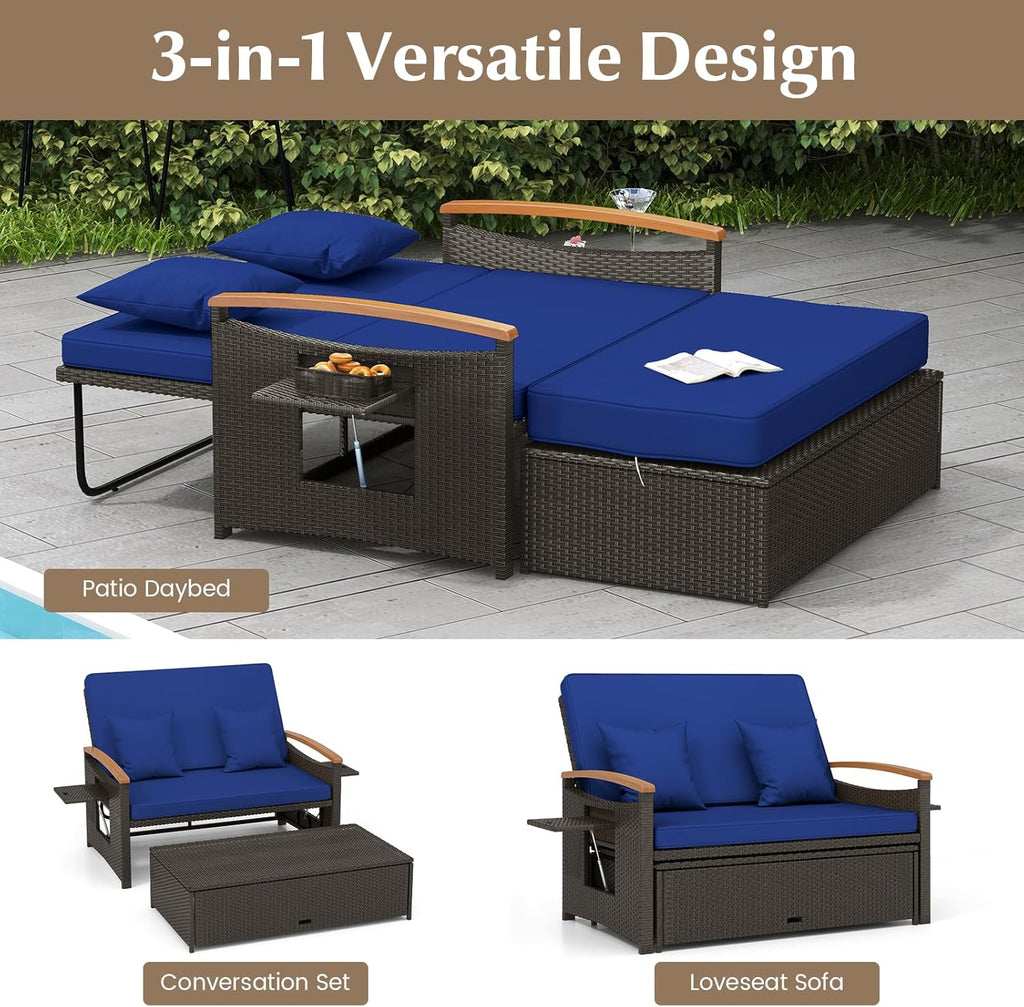 Outdoor Wicker Sofa Daybed with Adjustable Backrest and Storage Ottoman