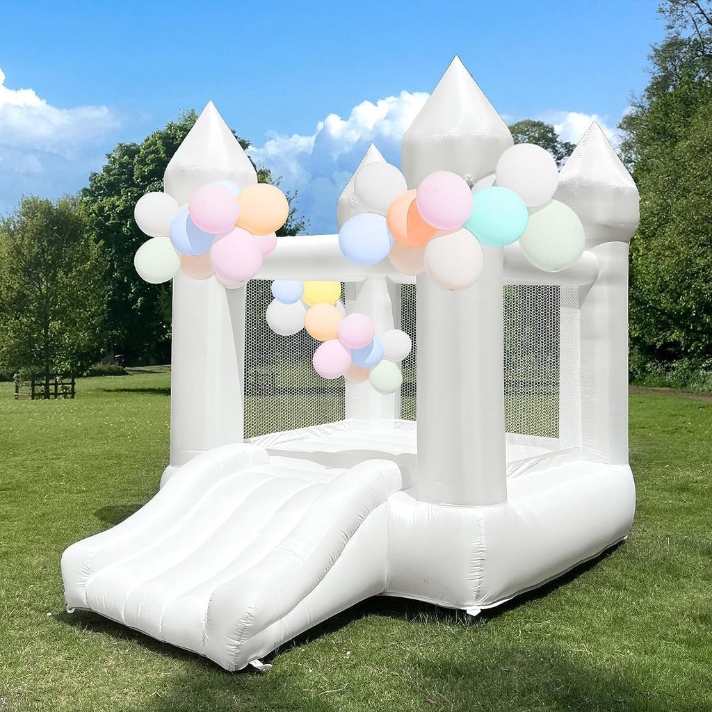 White Inflatable Bounce House with Slide and Blower