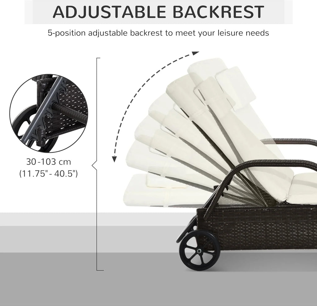 Outdoor Wicker Chaise Lounge with Adjustable Backrest and Wheels