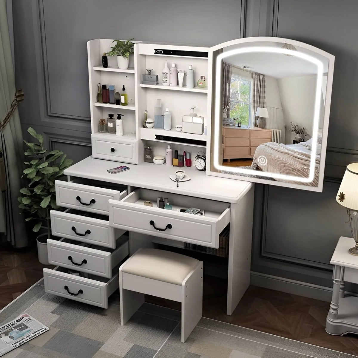 Montary Modern Mini Vanity W/Adjustable LED Mirror + Hidden Storage, Padded Stool & Dustproof Shelves (White)