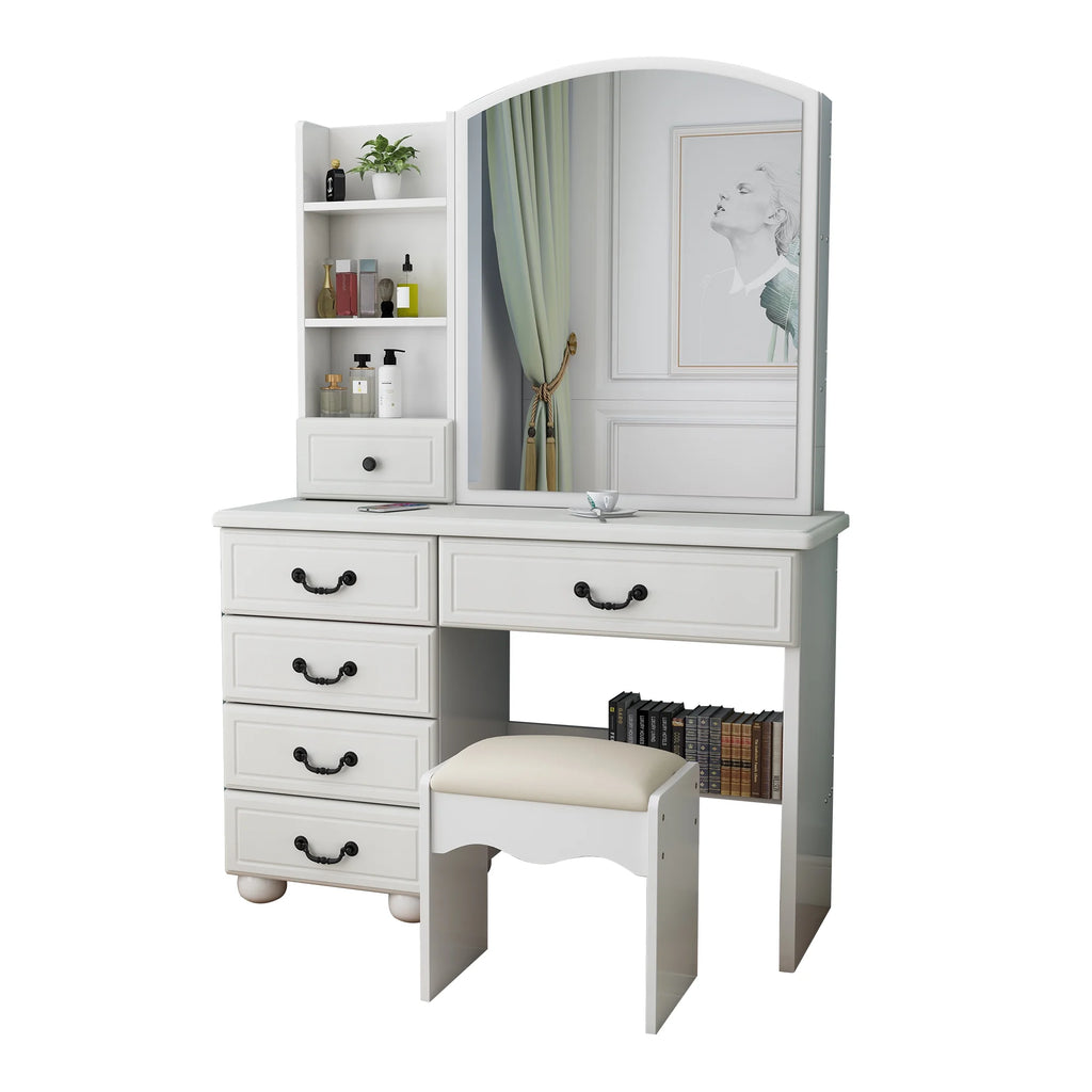 Montary Modern Mini Vanity W/Adjustable LED Mirror + Hidden Storage, Padded Stool & Dustproof Shelves (White)
