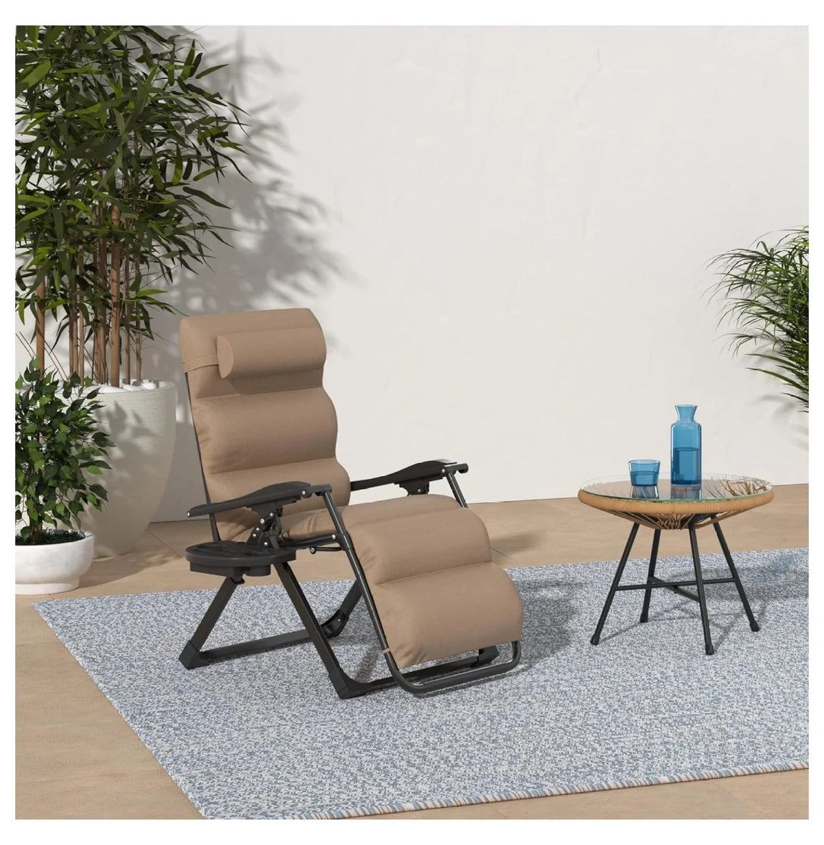 Oversized Chair, Folding Outdoor Patio Recliner, XL Anti Gravity Lounger W/Removable Cushion, Cup Holder, Side Tray, 350 lb Capacity - Taupe