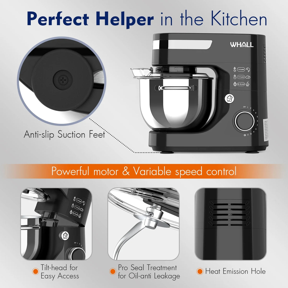 WHALL Stand Mixer - 5.5qt 12 - Speed Tilt - Head Electric Kitchen Mixer with Dough Hook/Wire Whip/Beater, Stainless Steel Bowl (Black) New