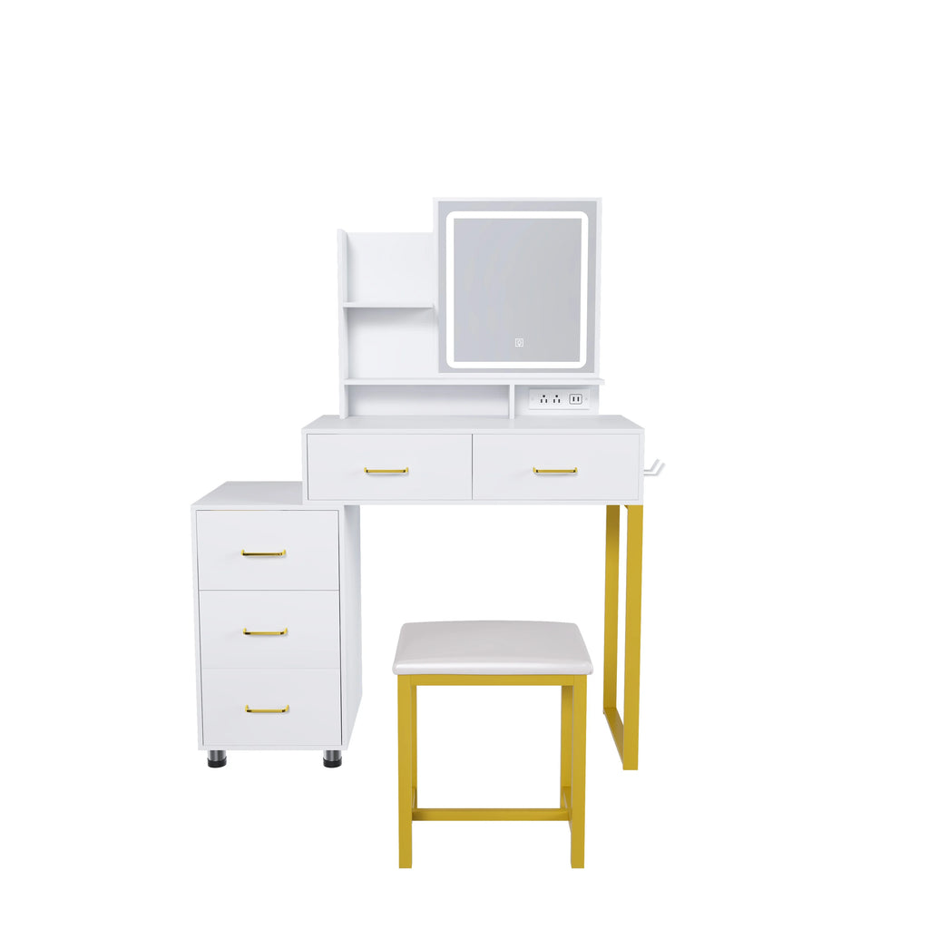 Montary Modern Mini Vanity W/Adjustable LED Mirror + Hidden Storage, Padded Stool & Dustproof Shelves (White)