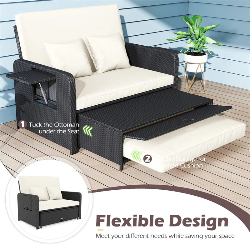 Patio Rattan Daybed Outdoor Wicker Loveseat Sofa with 4-Level Adjustable Backrest, Storage Ottoman, Retractable Tray & Cushions for Backyard
