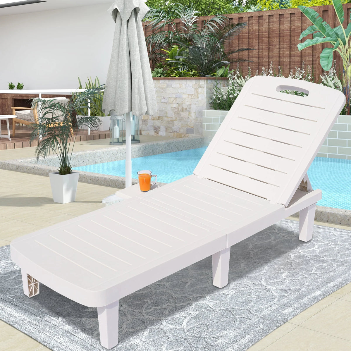 Patio Lounge Chair Set of 2, Adjustable Chaise with Side Table, Outdoor Lounger Recliner for Poolside, Patio, Backyard, Wood Texture Design | Waterproof | Easy to Assemble | Max Weight 330 lb White