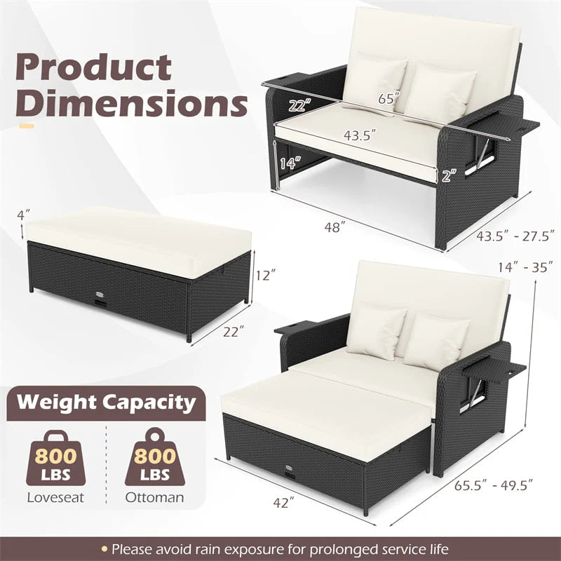 Patio Rattan Daybed Outdoor Wicker Loveseat Sofa with 4-Level Adjustable Backrest, Storage Ottoman, Retractable Tray & Cushions for Backyard