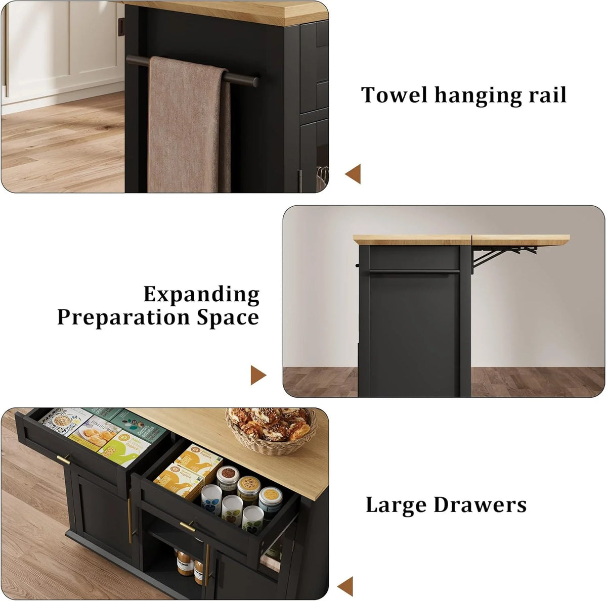 WALYWIK Foldable Kitchen Island Cart with Wheels, 2 Glass Doors, Spice Rack & Towel Holder - Compact Mobile Storage Cart for Small Kitchens, Dining Rooms, Camping & Rvs - Grey