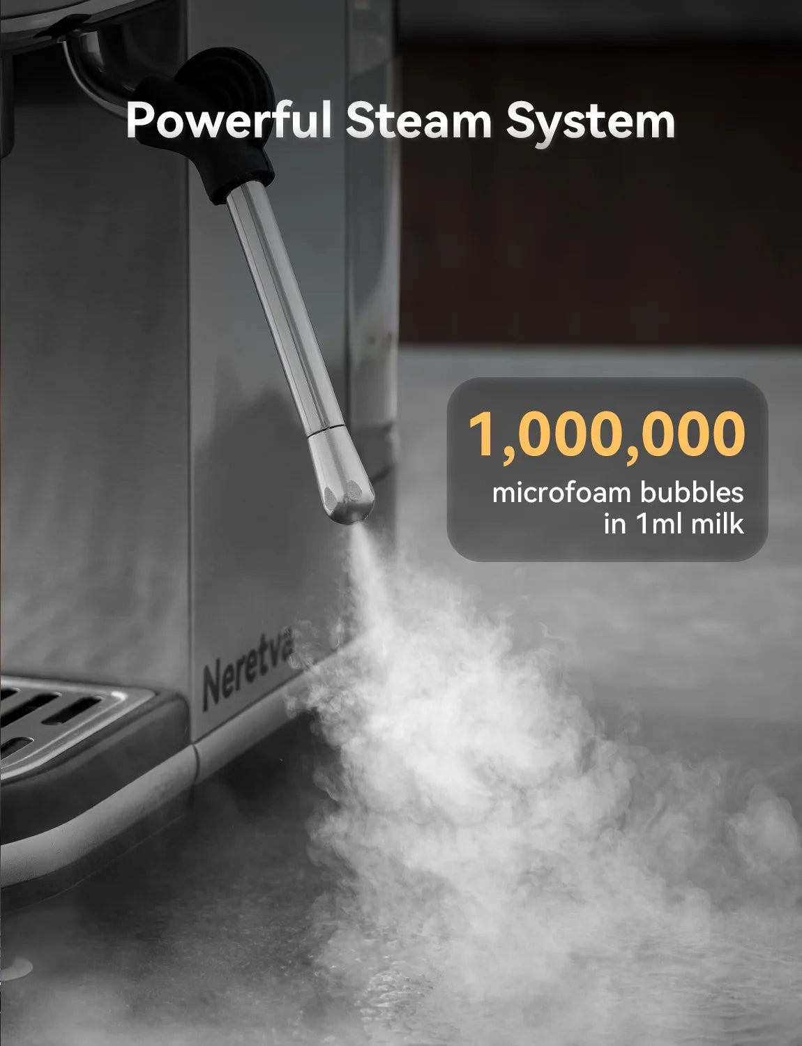 Neretva Espresso Machine 15 Bar Professional Espresso Maker with Milk Frother Steam Wand, Cappuccino & Latte Machine, Espresso Coffee Machine for Home - Stainless Steel