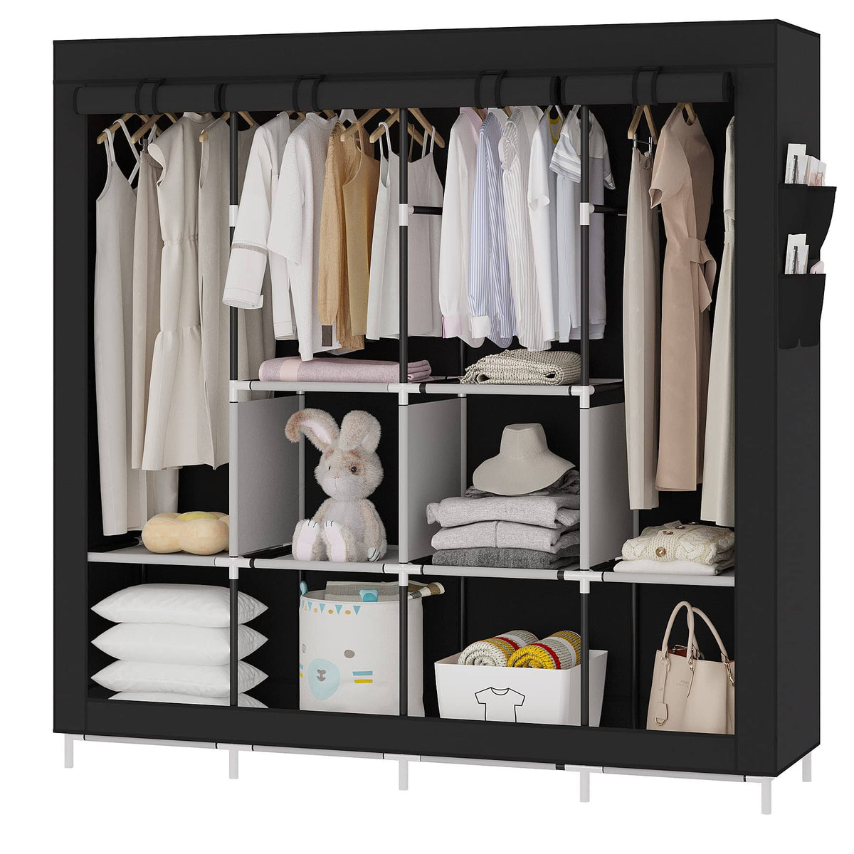 UDEAR Portable Closet Large Wardrobe Closet Clothes Organizer with 6 Storage Shelves, 4 Hanging Sections 4 Side Pockets,Black