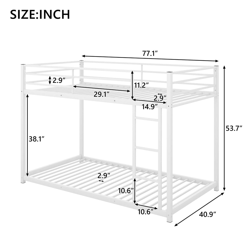 Twin Over Twin Metal Bunk Bed, Low Twin Bunk Bed with Safety Guardrail and Ladder, No Box Spring Needed, Steel Bunk Bed Platform Suitable for Girls Boys Teens, White