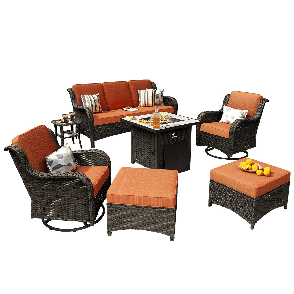 Ovios 7 Piece Wicker Outdoor Patio Dining Set with Fire Pit Table, Grey