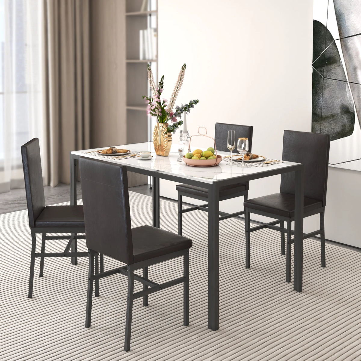 Seizeen Solid Wood Kitchen Table and Chairs, Dining Room Table Set for 4 with Gray Upholstered Chairs, Wood Grain Table Heavy - Duty Frame, Rustic Minimalist Style Breakfast Nook Set