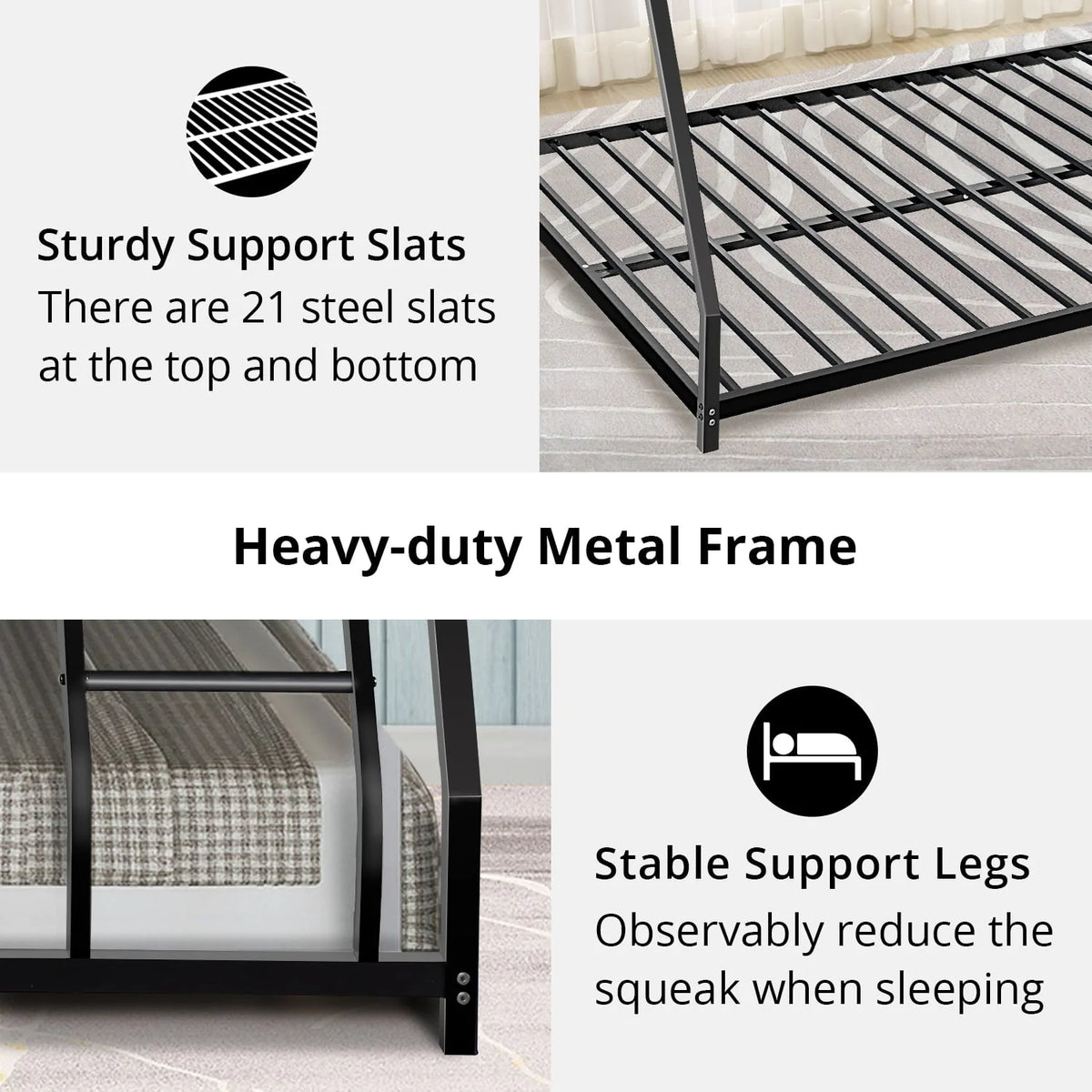 Twin Over Full Bunk Bed, Metal Bunk Bed Frame, Noise Free Floor Bunk Beds with Guardrails & Ladder for Kids Teens Adults, No Box Spring Needed, Black