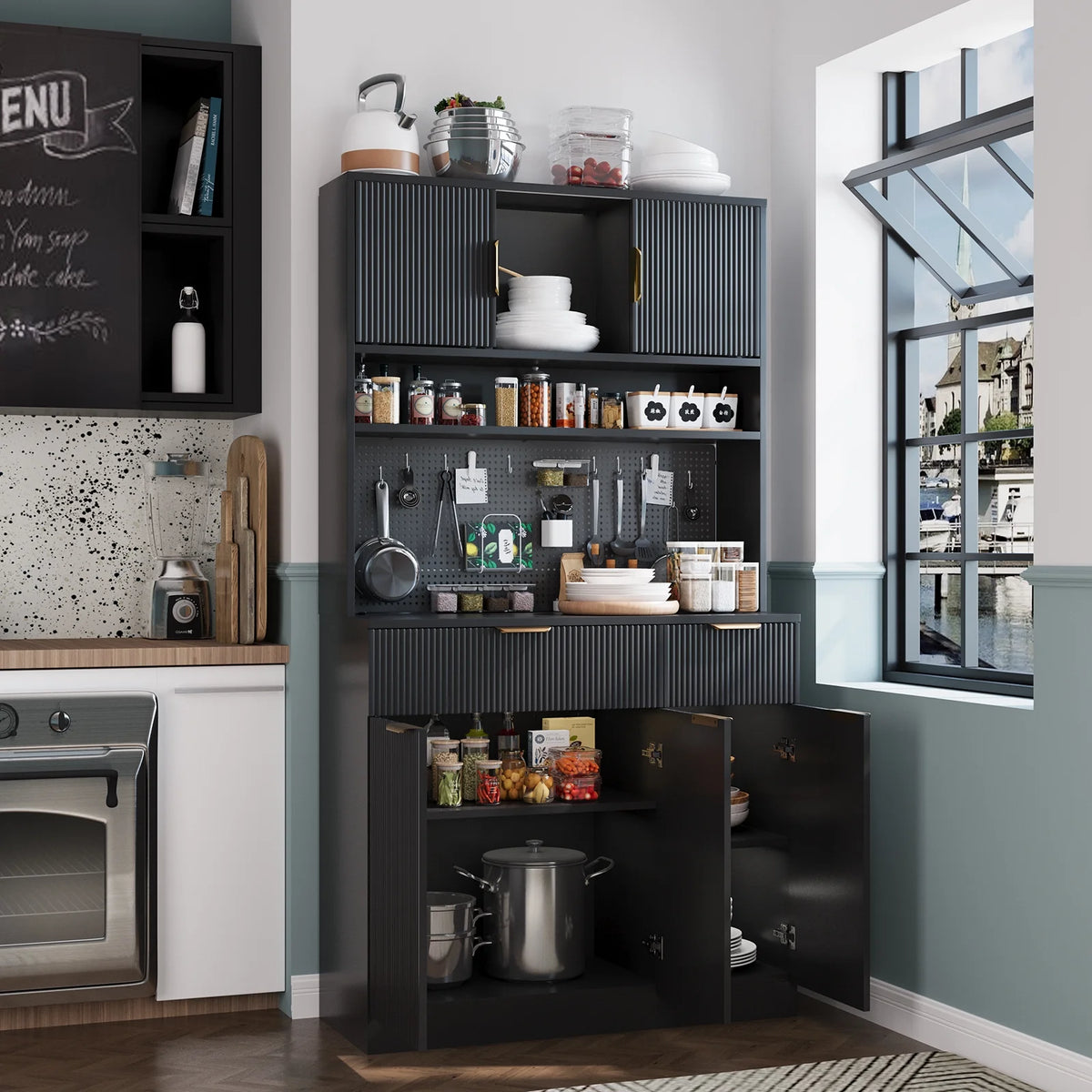 Planntonneo 71'' Tall Kitchen Pantry Storage Hutch Cabinet with Doors and Shelves, Grey Oak