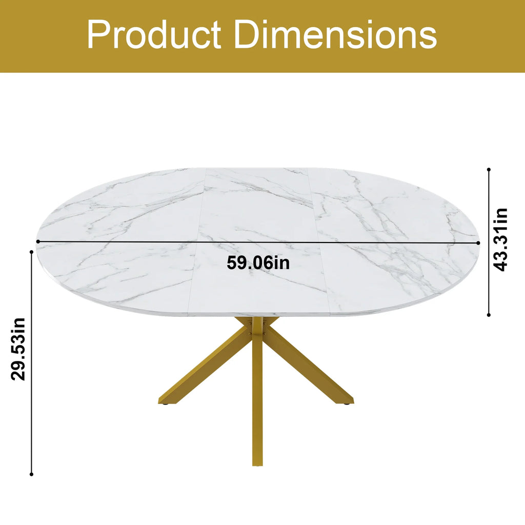 UHOMEPRO Extendable Dining Table with Extendable Blades, Modern Round Kitchen Table with Faux Marble Tabletop, Single Dining Room Table with Carbon Steel X - Shaped Base for Dining Room, White+Gold
